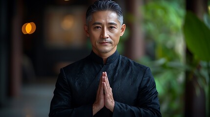 an Thai man named ton, around 54 years old, with a neat hairstyle, is wearing a formal outfit in black. He stands in a confident pose, giving a namaste gesture with his hands together at chest 