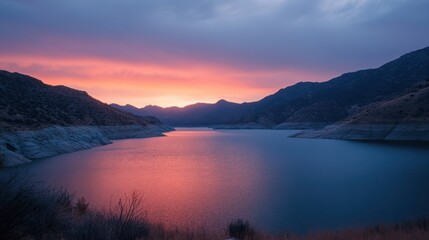 Fototapeta premium Beautiful sunset over tranquil lake surrounded by mountains reflects calmness and nature's harmony during evening hours