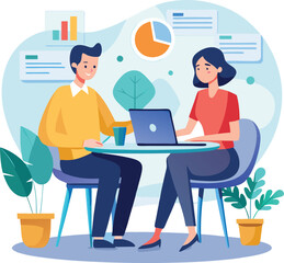 Partners meeting for business discussion with documents and laptop on desk. Couple at round table, speaking, discussing work, partnership. Flat vector on a white background