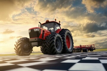Fototapeta premium Bright sunset illuminating a red tractor on a chessboard field