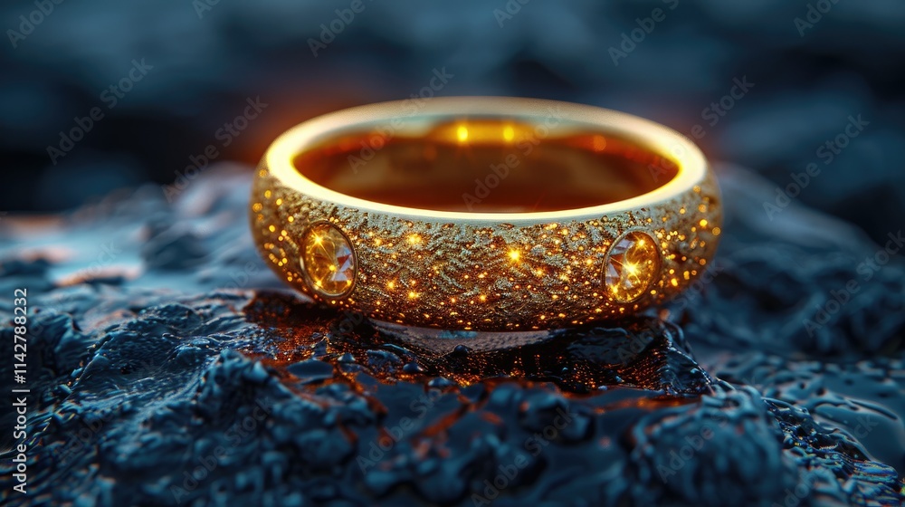 Poster a golden ring with intricate details and sparkling elements resting on a textured surface.