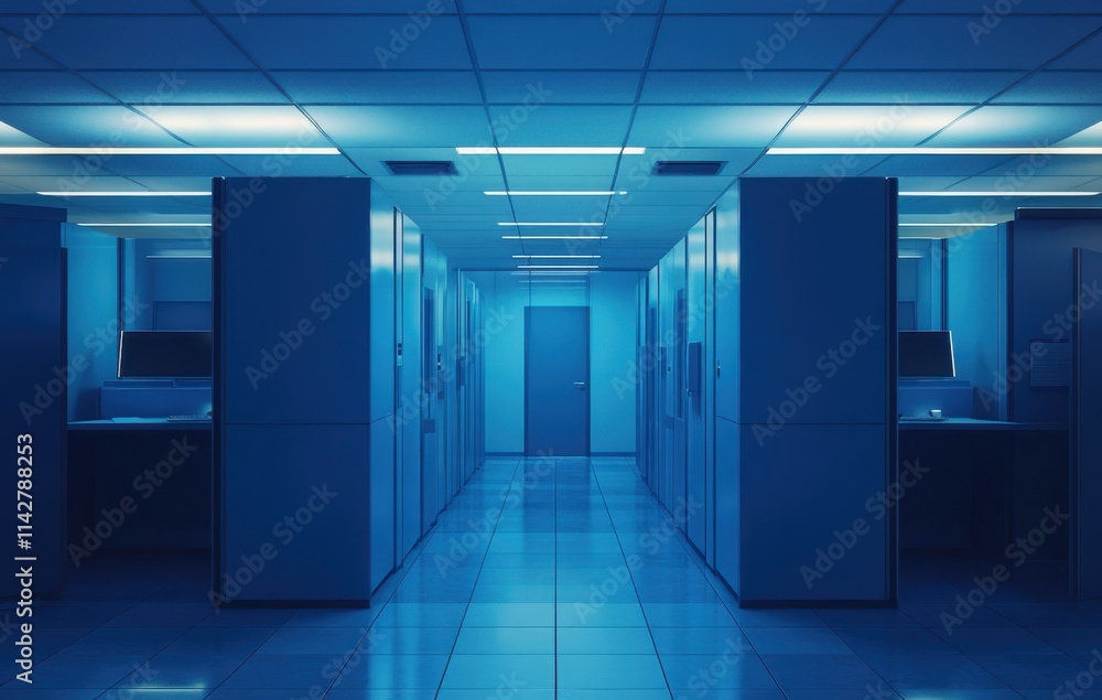 Aufkleber serene and modern data center corridor with blue lighting and minimalistic design featuring computer