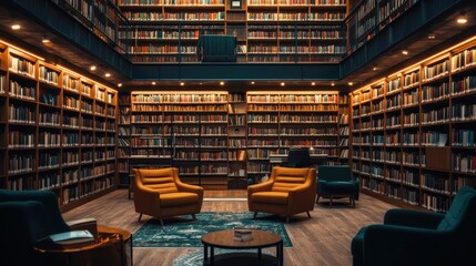 Cozy library filled with books and inviting seating during evening hours