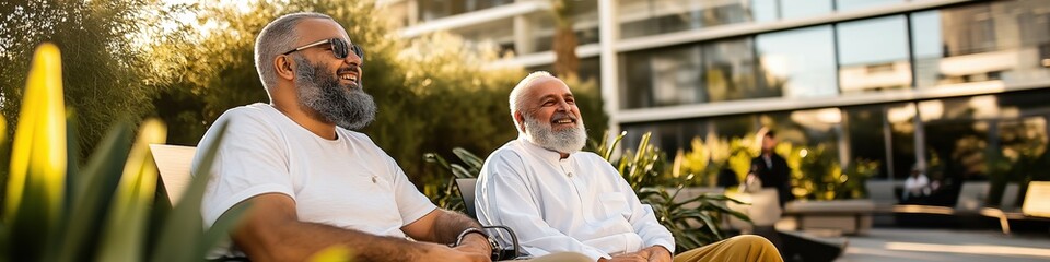 Two men are sitting on a bench in a park, smiling and enjoying each other's company. Concept of warmth and happiness, as the two men share a moment of relaxation and camaraderie