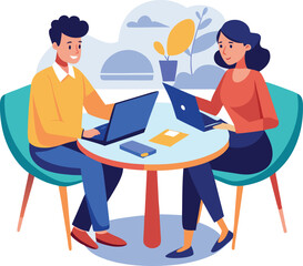 Partners meeting for business discussion with documents and laptop on desk. Couple at round table, speaking, discussing work, partnership. Flat vector on a white background