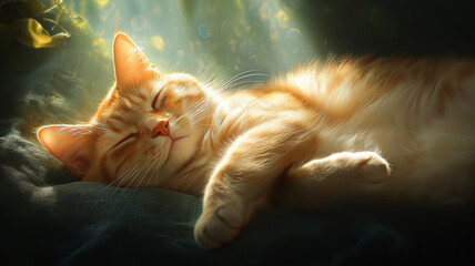 peaceful orange cat sleeping in soft sunlight beams
