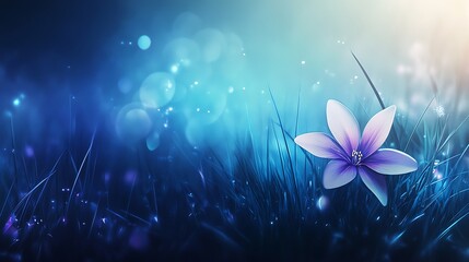 A Single Purple Flower Blooms In Dark Blue Grass