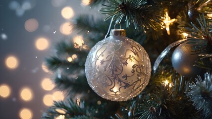 A close-up of glittering ornaments hanging from a frosted Christmas tree, surrounded by twinkling fairy lights,Generative Ai
