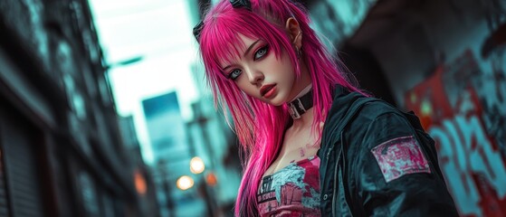 Obraz premium Model with vibrant pink hair poses in neon-lit urban setting at night