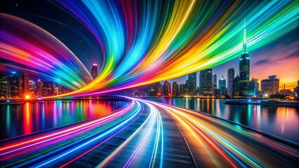 Neon Rainbow Background Long Exposure Photography, Abstract Light Trails, Vibrant Colors, Night Cityscape, Psychedelic Art, Colorful Wallpaper