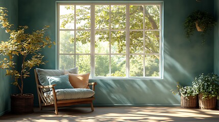 Fototapeta premium Sunlit room with armchair, plants, and large window overlooking lush greenery.