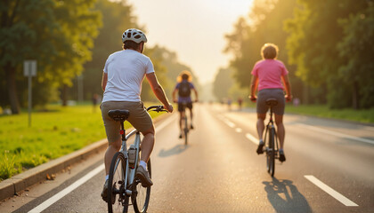 Obraz premium Cyclists on Clean Bicycle Lanes with Early Morning Glow During 