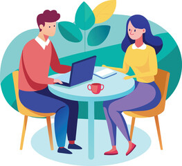 Partners meeting for business discussion with documents and laptop on desk. Couple at round table, speaking, discussing work, partnership. Flat vector on a white background