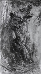Sketch engraving of a roaring bear in a natural forest setting.