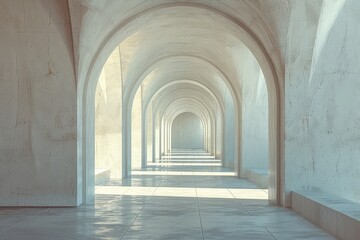 a geometrically inspired arch hallway, with light filtering through the arches and casting shadows on the pristine walls..