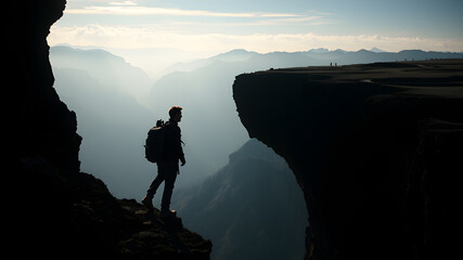 Far silhouette of exploration of an adventurous traveler on the blink of the cliff. AI generated image, ai