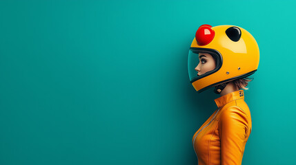 woman wearing a fun yellow motorcycle helmet with black ears and red nose, and a yellow jacket over a green background