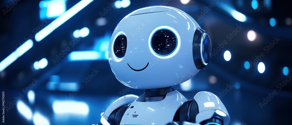 Poster friendly robot character stands in a futuristic setting with glowing lights and advanced technology