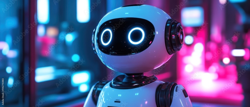 Poster friendly robot character stands in a futuristic setting with glowing lights and advanced technology