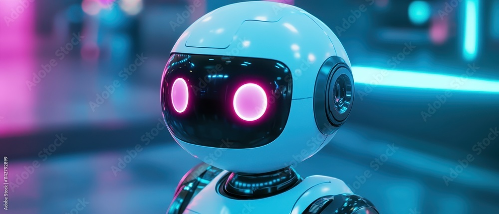 Poster friendly robot character stands in a futuristic setting with glowing lights and advanced technology