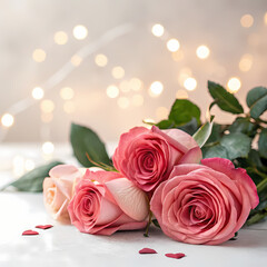 Fototapeta premium Romantic Pink Roses with Soft Bokeh Lights