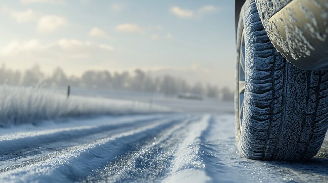 Close-up of a frosted tire on a snowy road, capturing the essence of winter driving conditions.