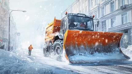A snowplow clearing a snowy street, with a worker in an orange jacket overseeing the operation during a winter storm.