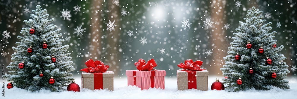 Poster a christmas scene with three trees and two boxes, one of which is a large red box. the trees are cov