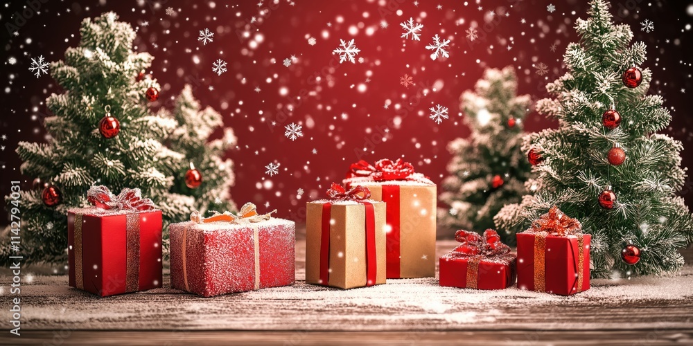 Poster a christmas scene with a red background and a bunch of presents and trees. the presents are stacked 
