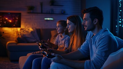 Naklejka premium A young father and his daughter enjoy gaming together at home in a cozy living room setting.