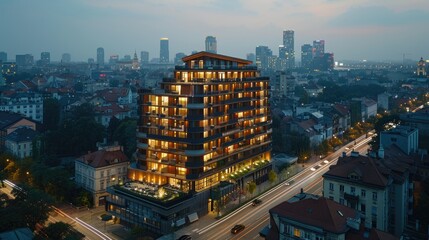 Fototapeta premium A modern architectural building illuminated at dusk, surrounded by a cityscape.