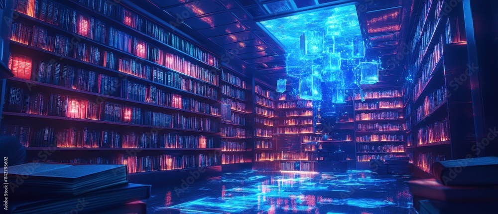 Poster fantasy library with illuminated shelves and floating holographic books in a futuristic setting