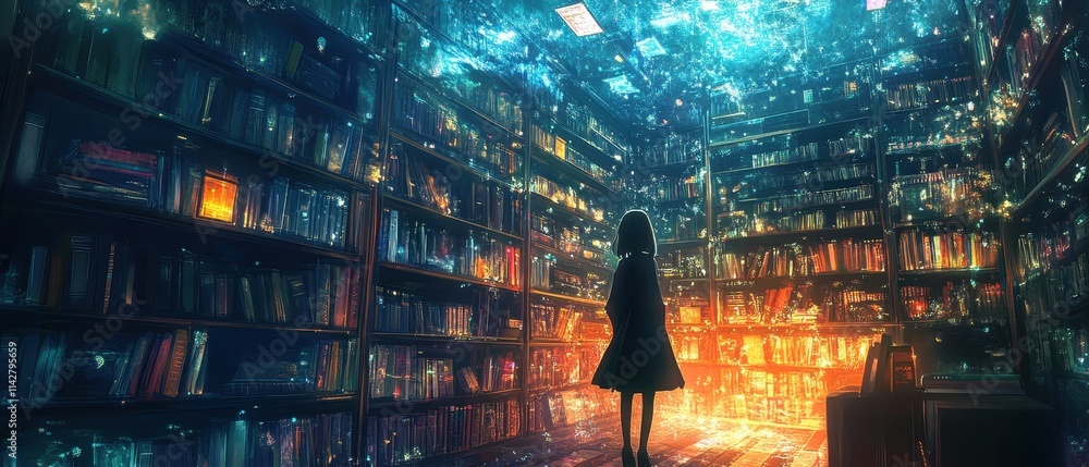 Poster fantasy library with illuminated shelves and floating holographic books in a futuristic setting