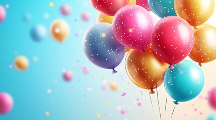Colorful Balloons and Confetti Floating Against a Bright Blue Sky.