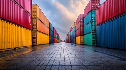 Fototapeta premium A long stone walkway is lined with colorful shipping containers stacked to the sky.