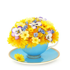 Surreal Spring floral arrangement in blue teacup and saucer on white. Natural flower abstract...