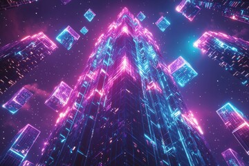 Fototapeta premium Futuristic skyscraper with glowing cubes in a digital nightscape