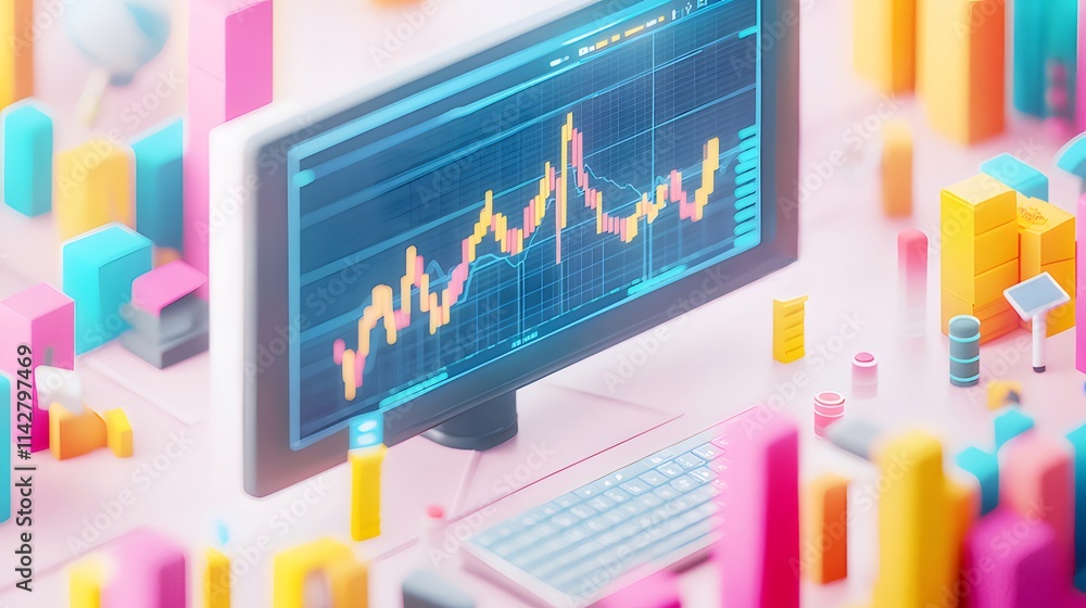 Aufkleber colorful 3d render of a computer screen displaying stock market data amidst miniature buildings and 