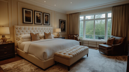 Elegant and spacious modern bedroom featuring large windows and stylish furnishings in a cozy atmosphere