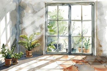 Watercolor illustration of a sunroom with potted plants and a view of greenery through the window. Children's Book Illustration