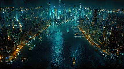 A nighttime cityscape featuring illuminated skyscrapers and a vibrant waterfront.