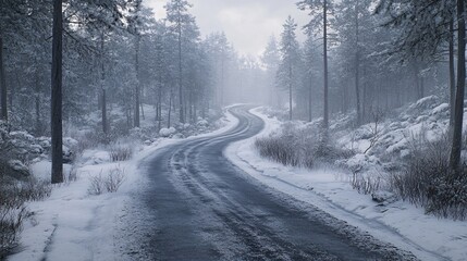 A winding road through a serene winter forest, surrounded by snow-covered trees and a misty atmosphere.