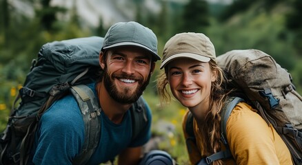 Fototapeta premium A man and woman are smiling and posing for a photo while wearing backpacks. Scene is happy and adventurous