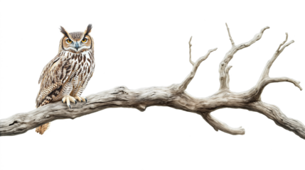 Eagle Owl On Dry Tree Branch isolated on white background