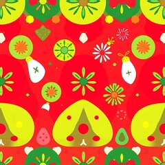 Vibrant Red, Green, and Yellow Pattern with Flowers and Bears: A cheerful and playful seamless pattern with green, red, and yellow colors, featuring stylized flowers and bear faces.