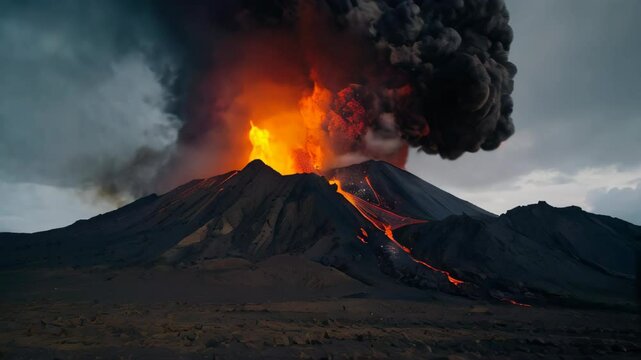 Close-up of the impressive eruption and explosion of the volcano, puffs of smoke, lava erupting from the crater