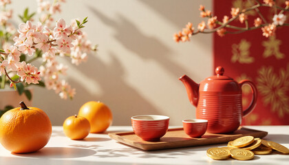 Fototapeta premium Chinese New Year Table with Oranges, Gold Coins, Tea Set, and Flowers