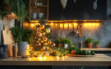 A rustic-modern kitchen featuring a small tree with handmade ornaments and glowing fairy lights on the counter