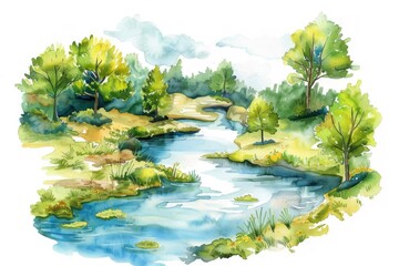A watercolor painting of a river winding through a forest. Children's Book Illustration