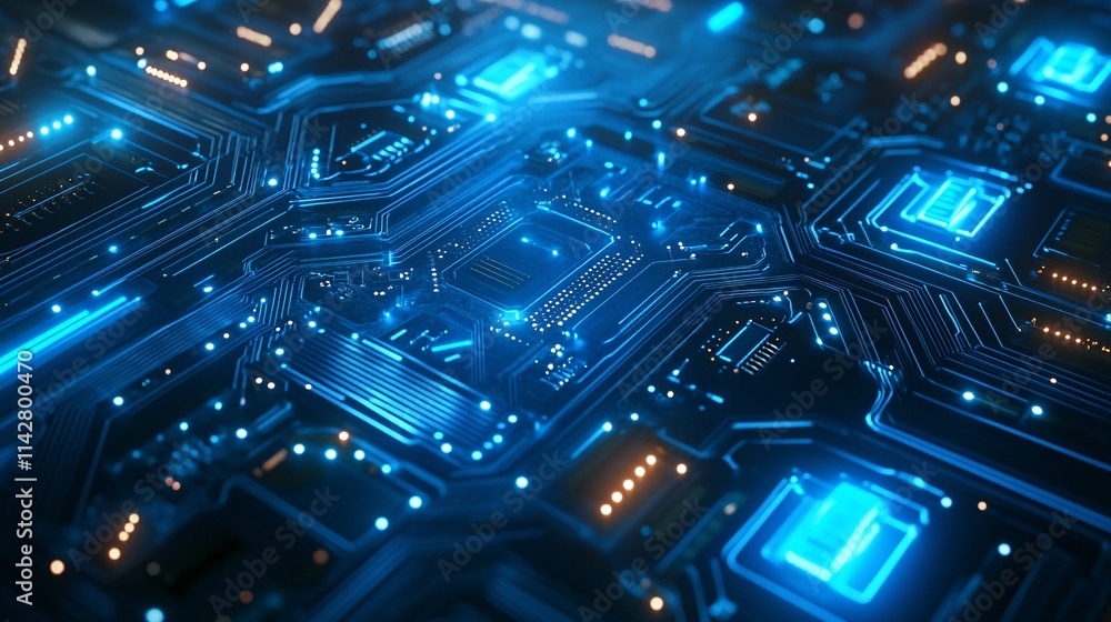 Aufkleber a detailed close-up of a futuristic blue circuit board highlighting intricate patterns and glowing e